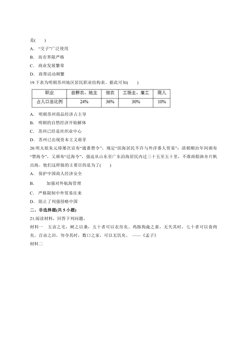 人教版高中历史必修2第一单元《古代中国经济基本结构与特点》测试卷word版含答案解析