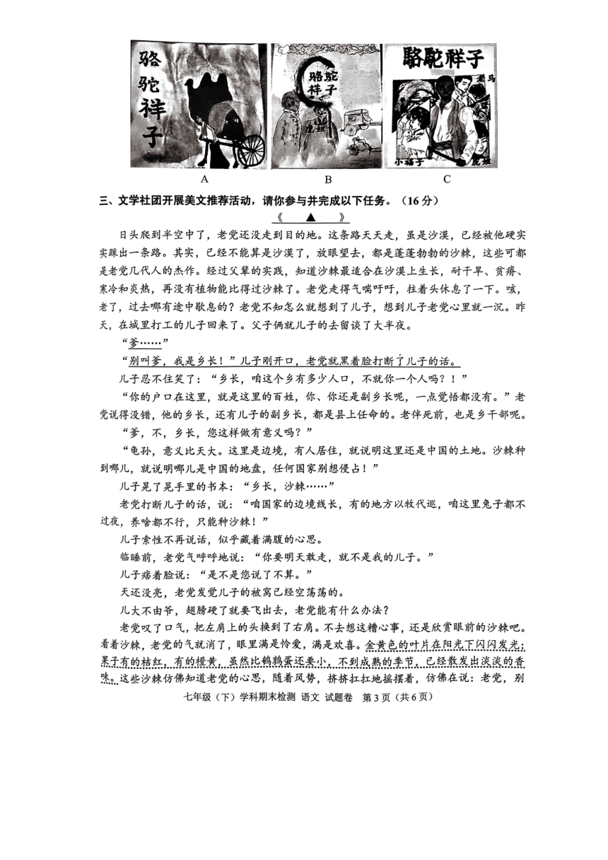 浙江省嘉兴市2022-2023学年七年级下学期6月期末语文试题（图片版，无答案）