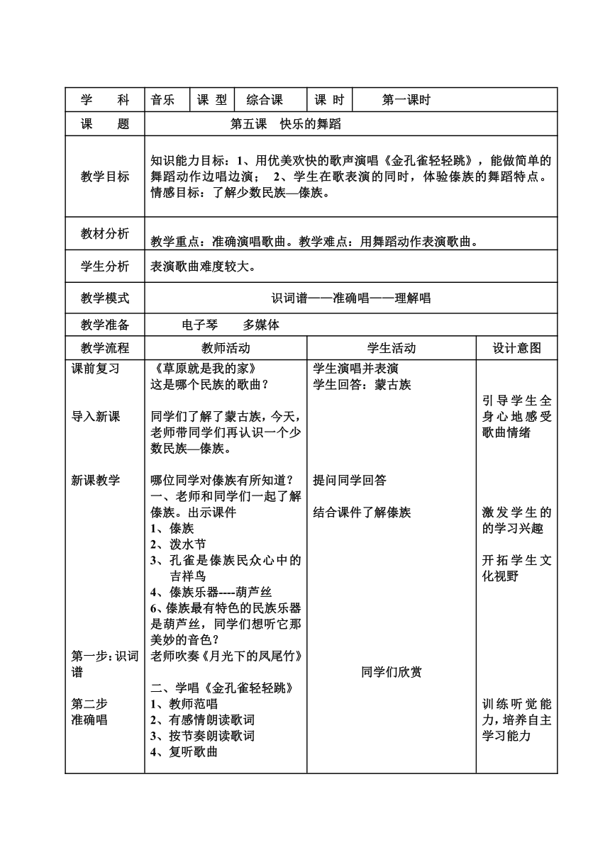 二年级下册音乐教案-5 快乐的舞蹈 ︳人音版 （五线谱）（表格式）