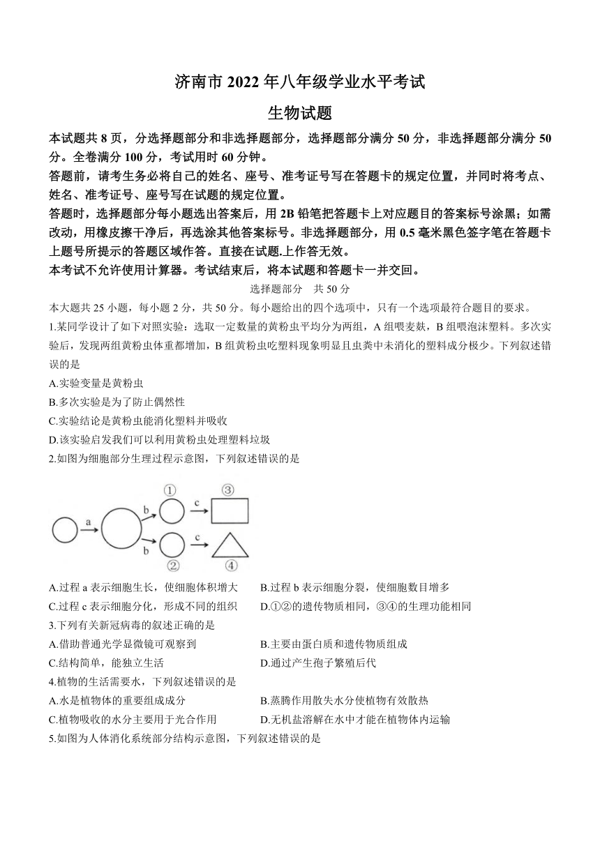 2022年山东省济南市八年级学业水平测试生物真题（Word版，含答案）