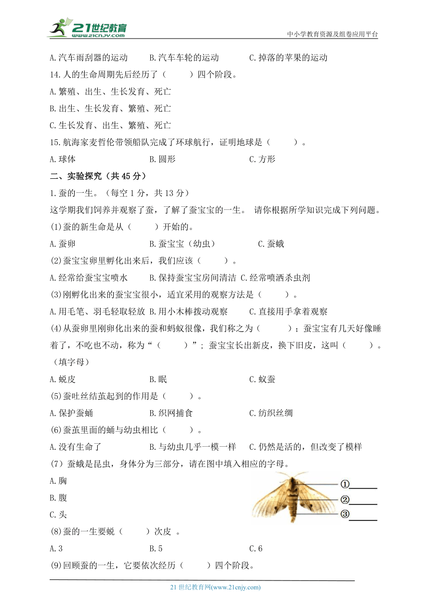 教科版（2017秋）三年级科学下册期末模拟卷六（含答案）