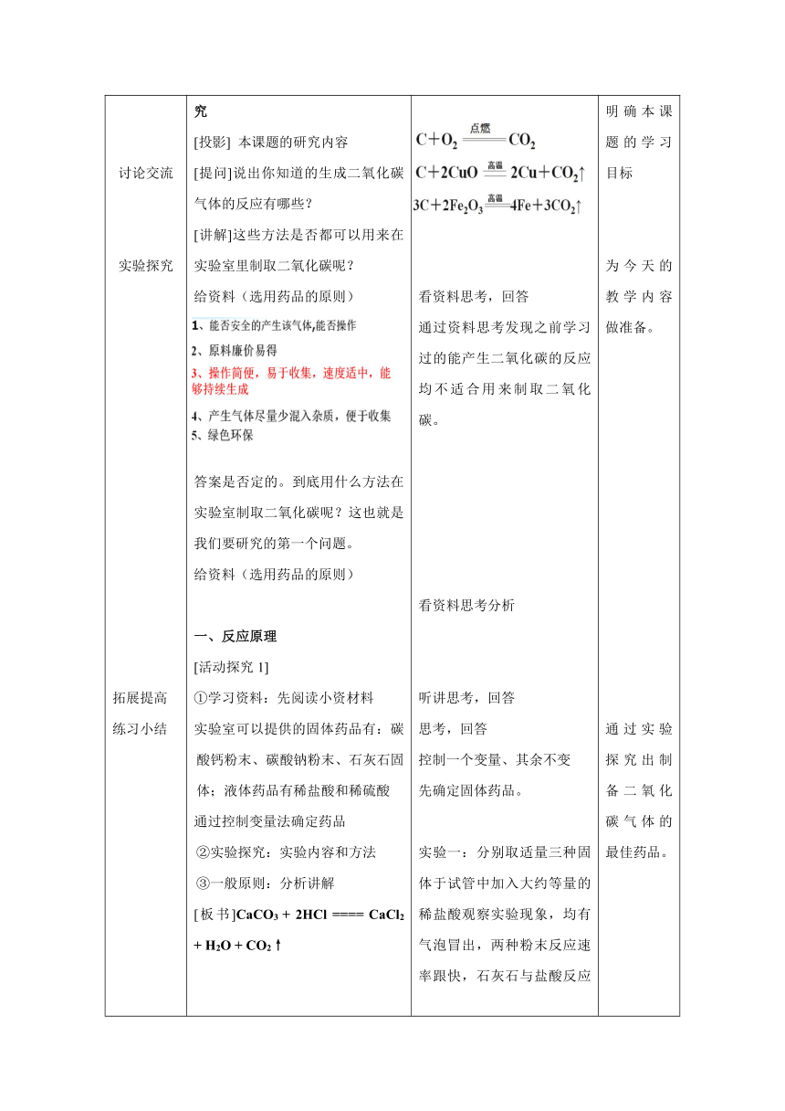 人教版（五四学制）化学八年级全册第六单元课题2二氧化碳制取的研究教案(表格式)