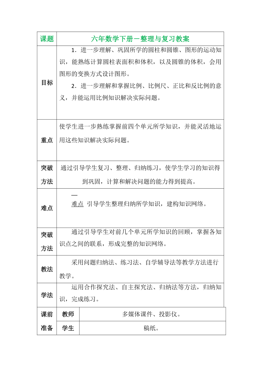 小学数学北师大版六年级下整理与复习表格式教案