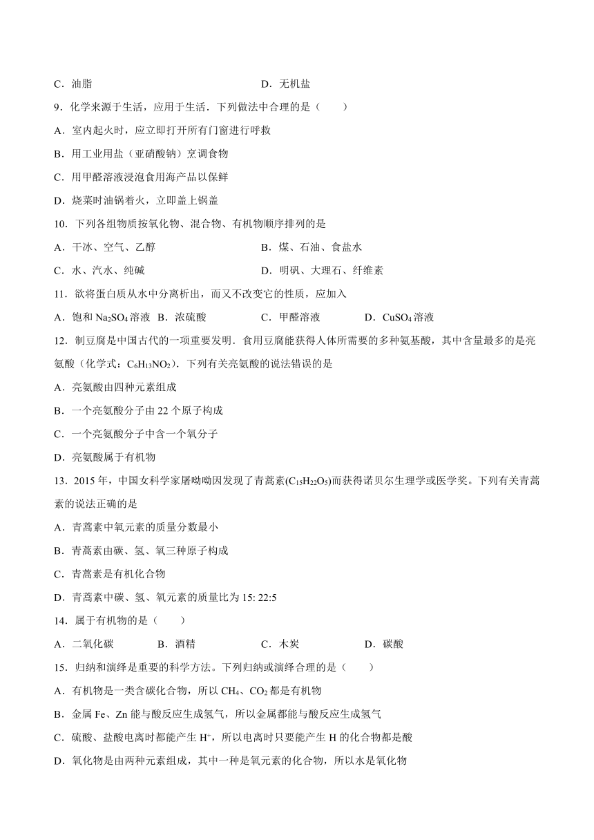 10.1食物中的有机物-2021-2022学年九年级化学鲁教版下册（word版含解析）