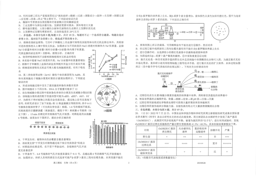 2023届江苏省顶级三校高三下学期5月第三次模拟考试 生物 （PDF版有答案）
