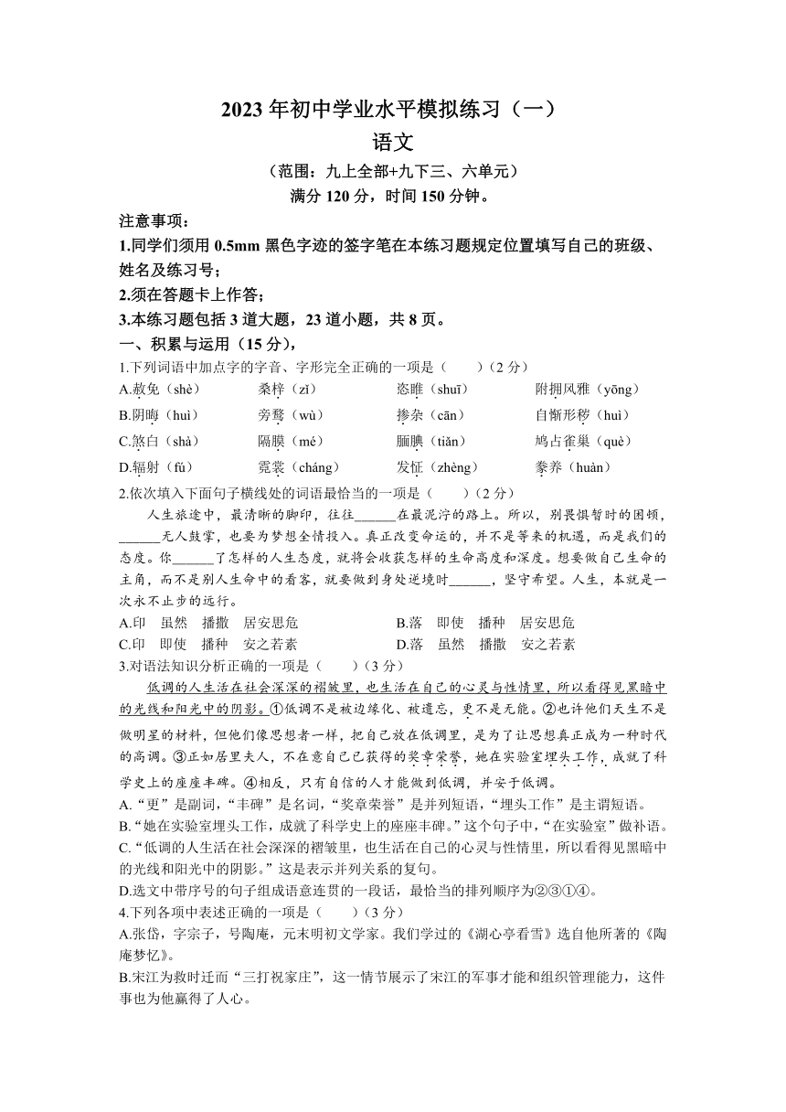 2023年辽宁省沈阳市大东区中考零模语文试题（含答案）