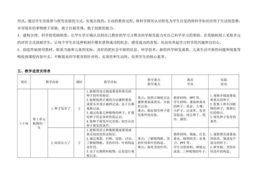 2022春苏教版科学三年级下册 教学计划及教学进度安排表