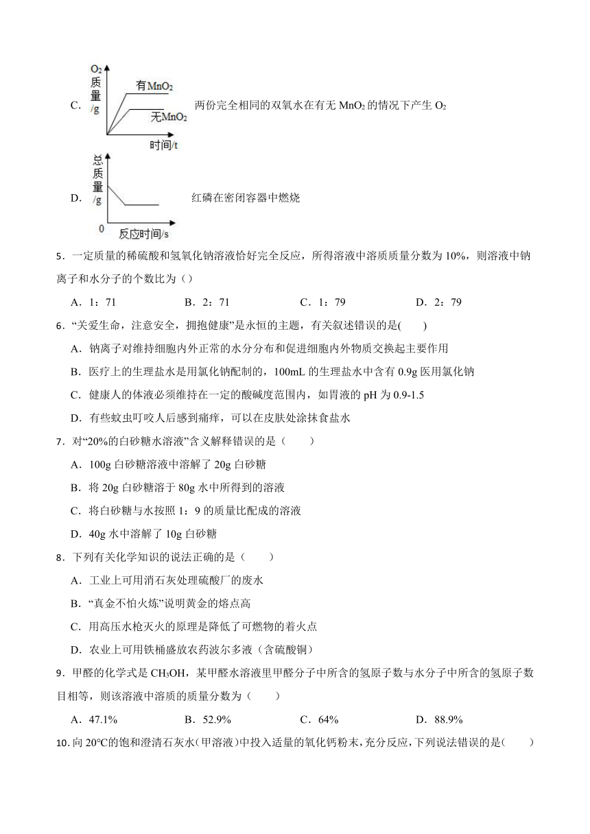 1.2 溶液组成的定量表示 同步练习(含答案) 2022-2023学年鲁教版（五四制）九年级全册化学