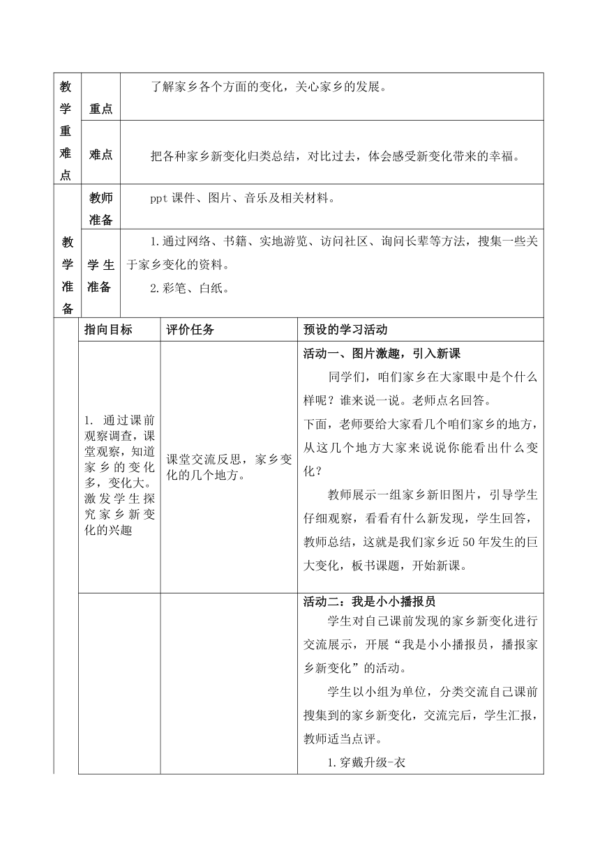 部编版道德与法治二年级上册4.16 家乡新变化 教案 （表格式）