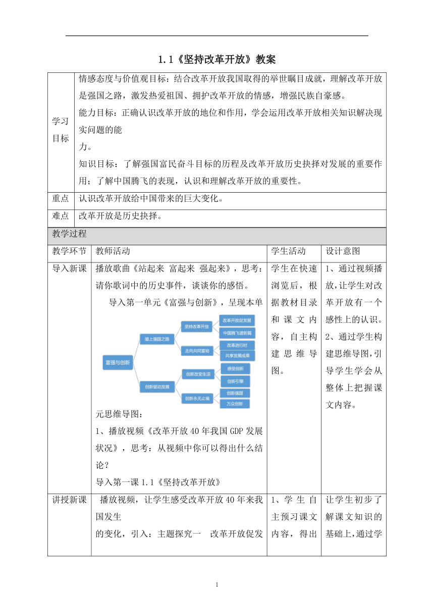 1.1 坚持改革开放 教案（表格式）