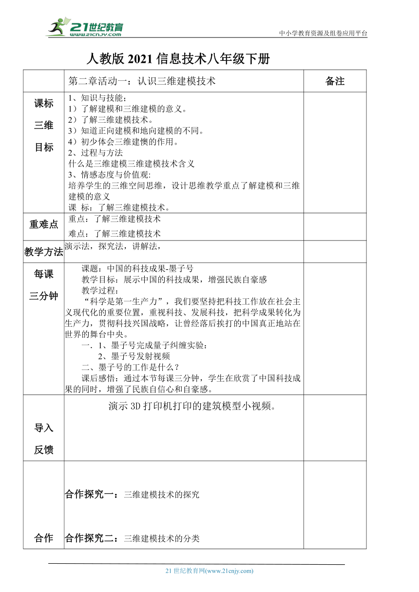 人教版2021八年级信息技术下册第二章活动1：认识三维建模技术