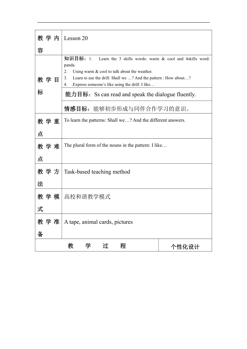 Unit 4 How's the weather today Lesson 20 教案（表格式）