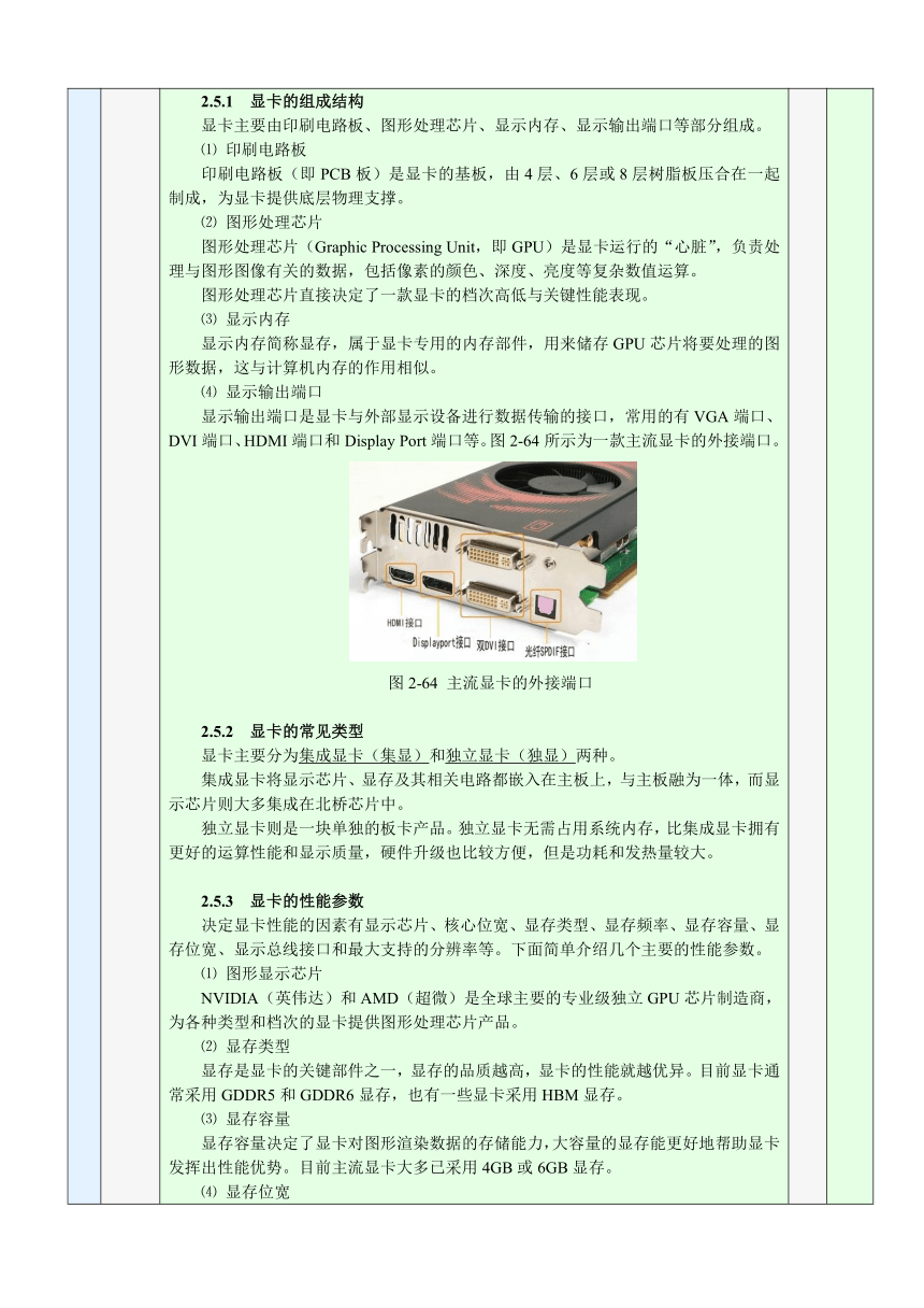 2.5  认识显卡 教案（表格式）《计算机组装与维修实训》同步教学（电子工业版）