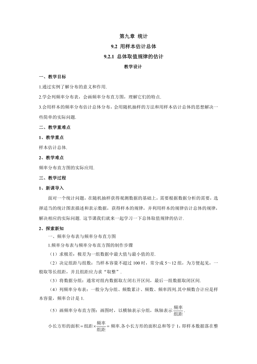 9.2.1 总体取值规律的估计 教案-高中数学人教A版（2019）必修第二册