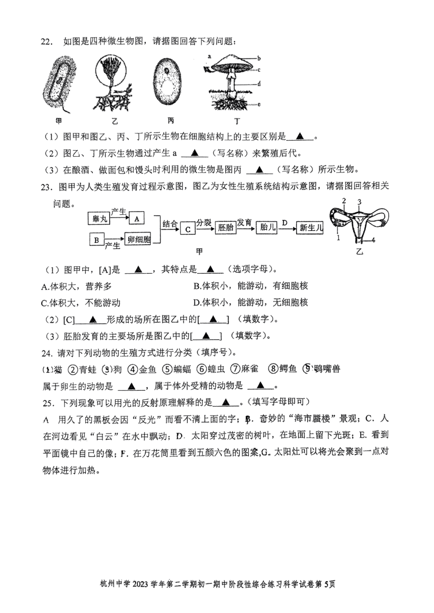 2024年四月浙江省杭州市中学七年级下册科学期中试卷（图片版，无答案）