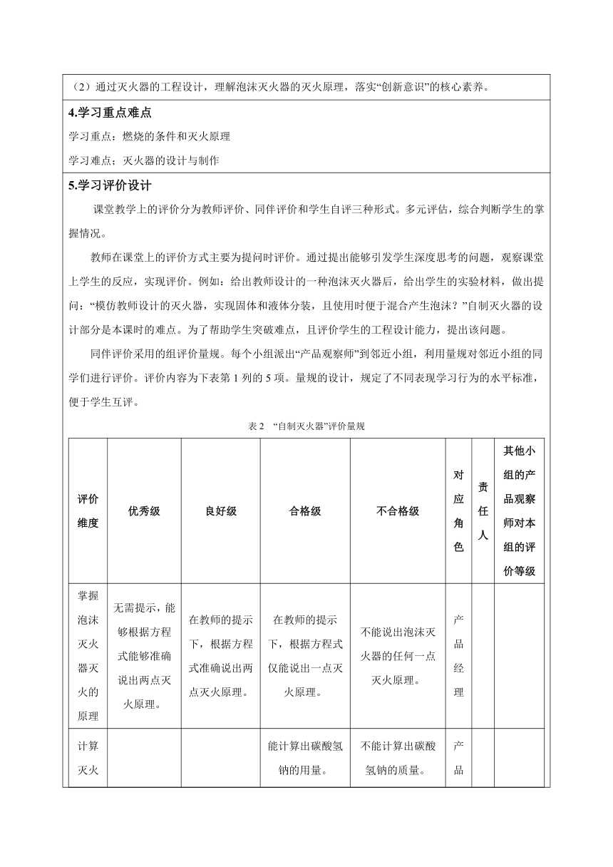 北京版初中化学九年级上册第六单元《STEM教学：自制灭火器》教学设计（表格型）