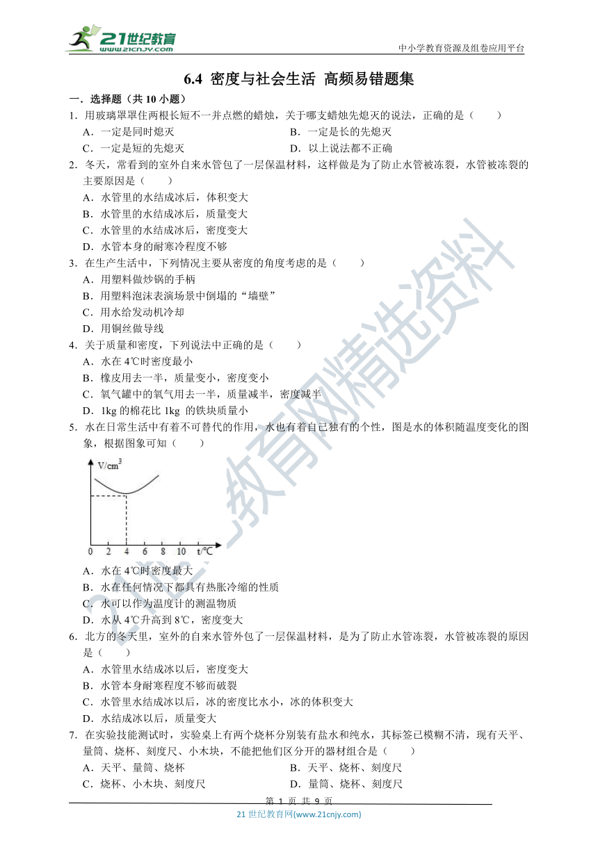 2020-2021学年人教版物理八年级上册 6.4 密度与社会生活 高频易错题集 （附解析）