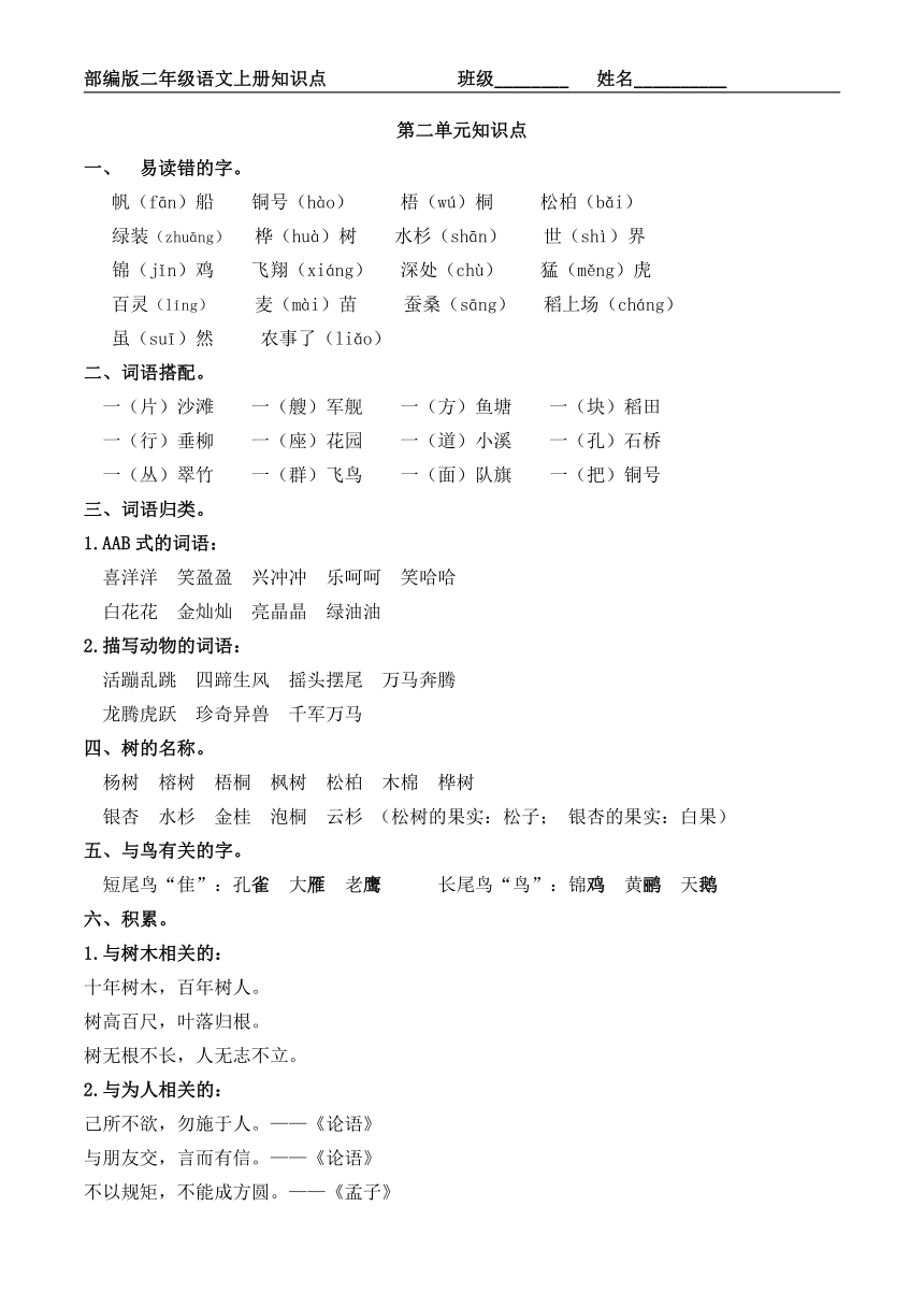 部编版二年级上册语文期末复习素材-各单元知识点汇总