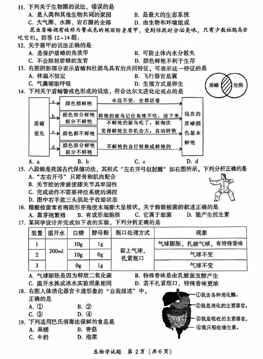 2024年4月福建省漳州市初中毕业班教学质量检测一生物试题（PDF版无答案）