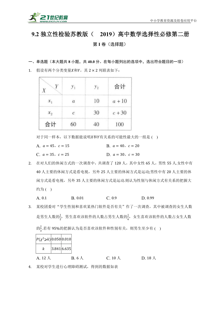 9.2独立性检验  苏教版（2019）高中数学选择性必修第二册（含答案解析）