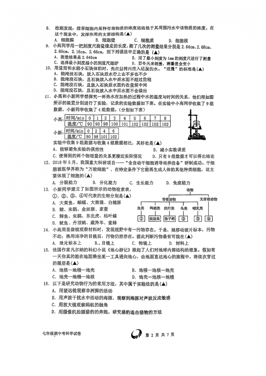 浙江省杭州市高新实验学校2021学年七年级第一学期期中科学试卷（到第2章，pdf版，无答案）