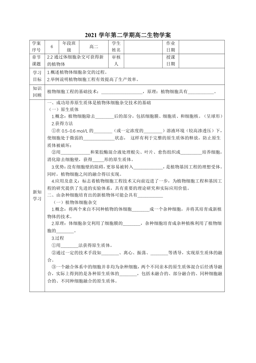 2021-2022学年高二下学期生物浙科版（2019）选择性必修3-2.2通过体细胞杂交可获得新的植物体 学案（无答案）