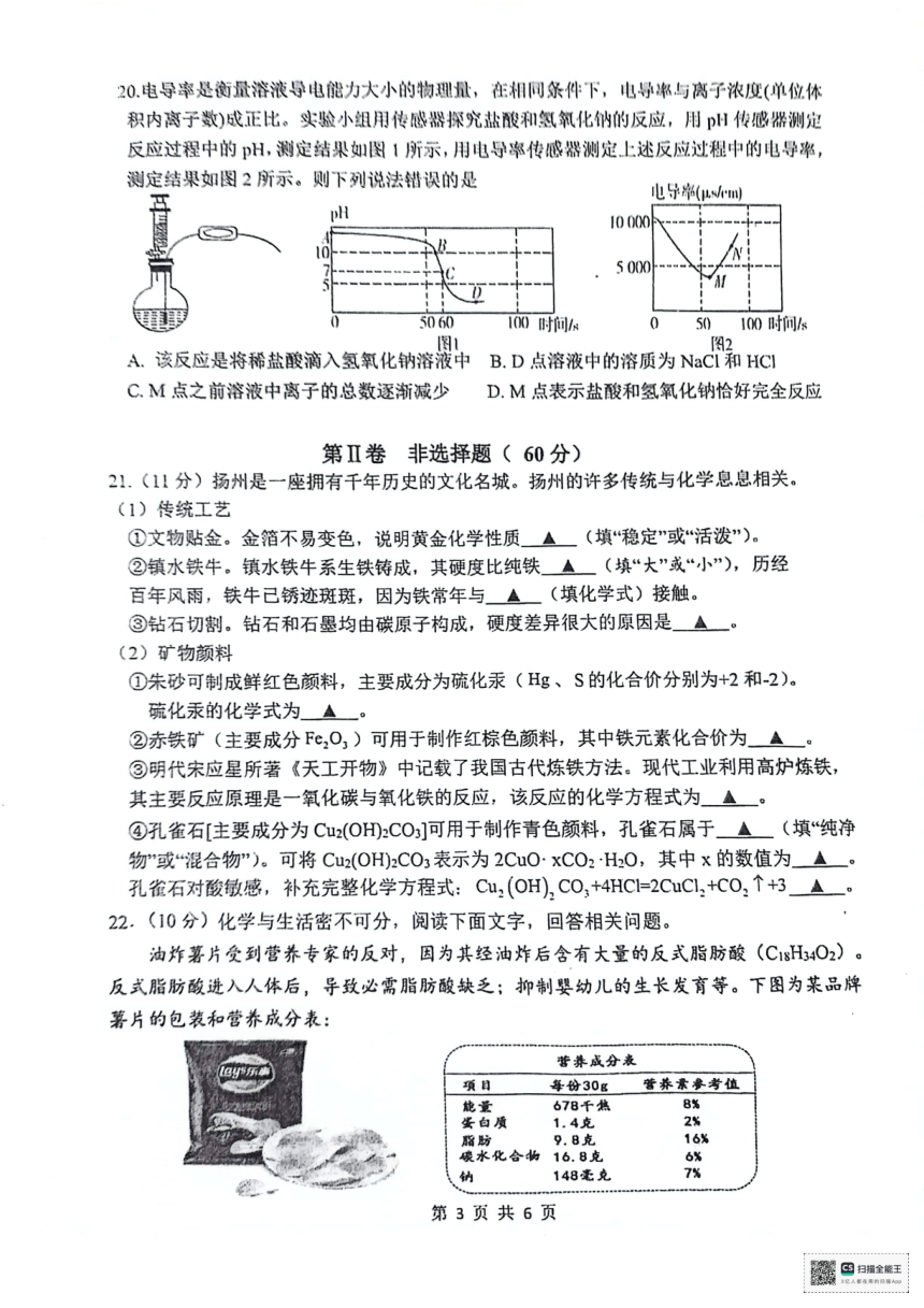 2024年江苏省扬州市宝应县一模化学试题（PDF无答案）