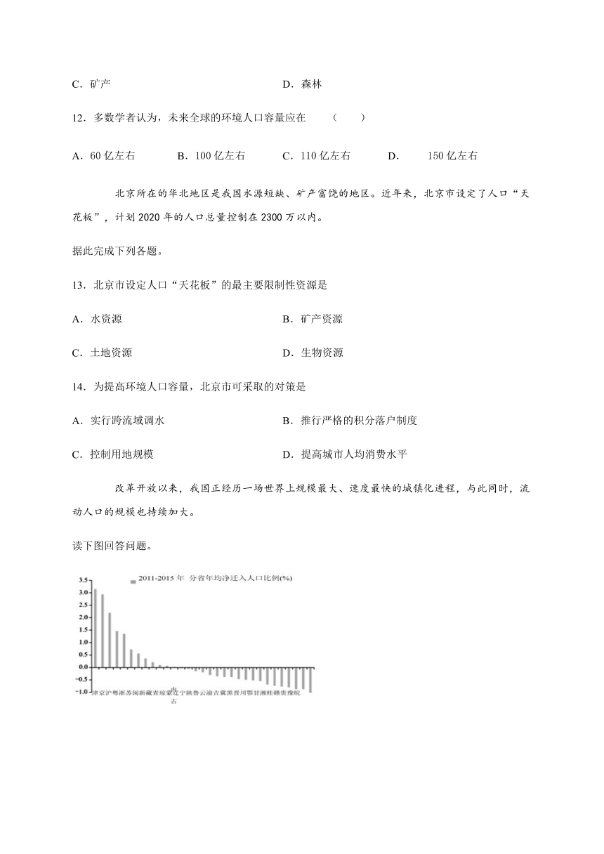 1.3人口容量 培优练习 word版含答案