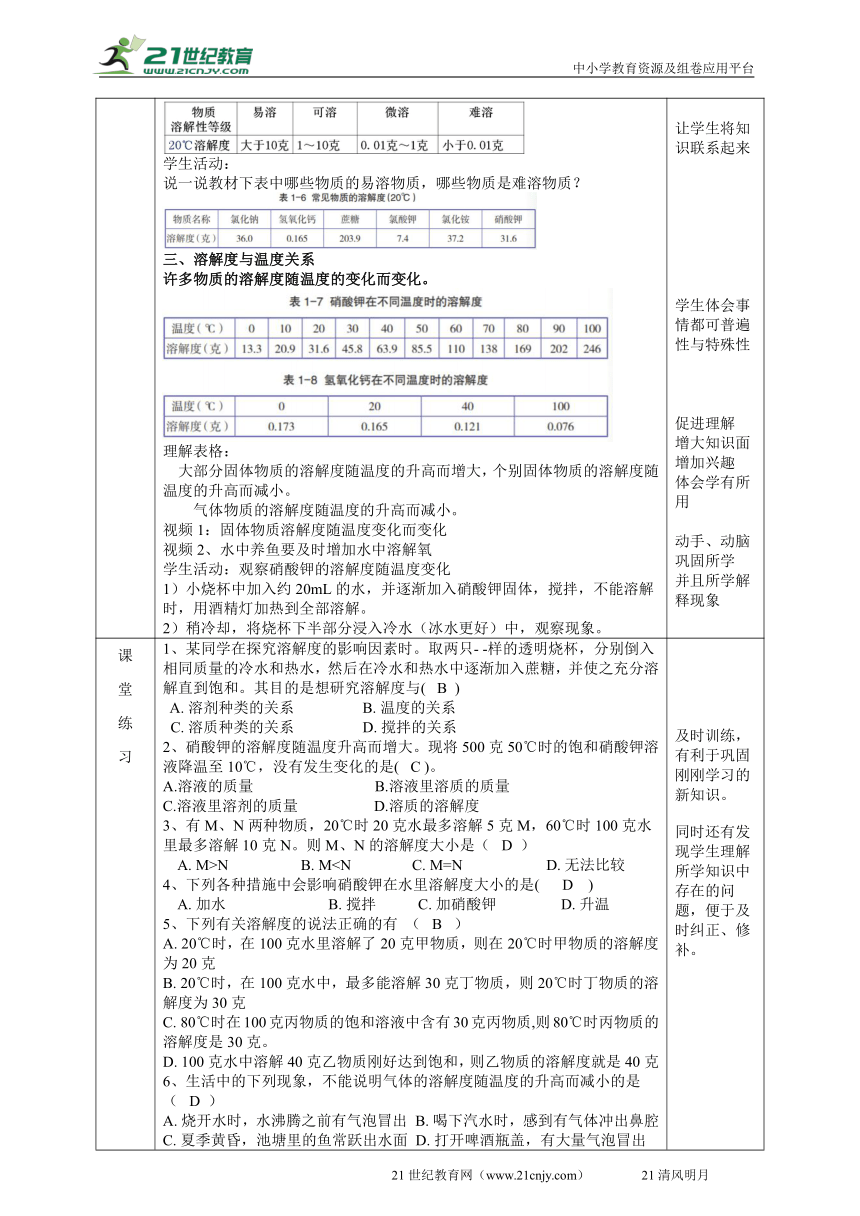 2022浙教版八上科学 1.5物质的溶解（3）教学设计