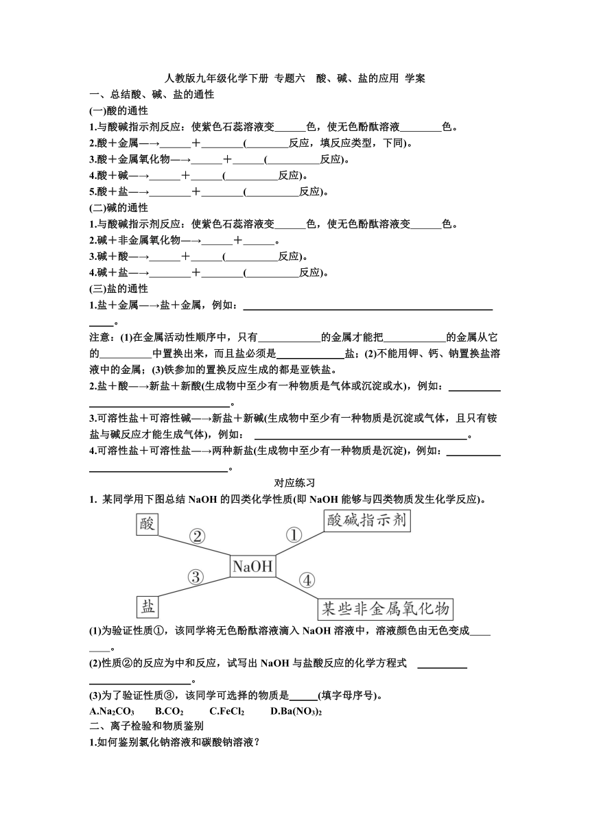 专题六　酸、碱、盐的应用 学案—2021-2022学年九年级化学人教版下册