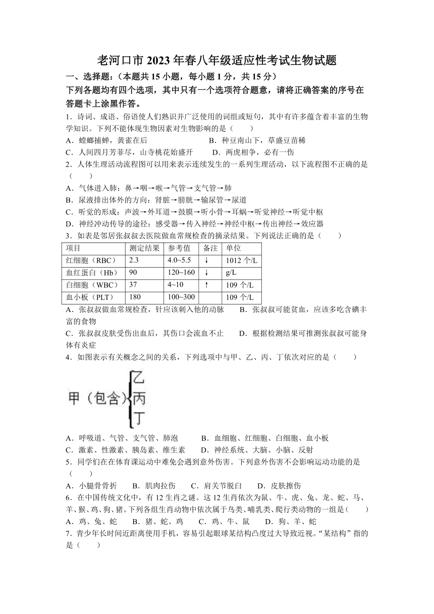 2023年湖北省襄阳市老河口市中考适应性考试（一模）生物试题（含答案）