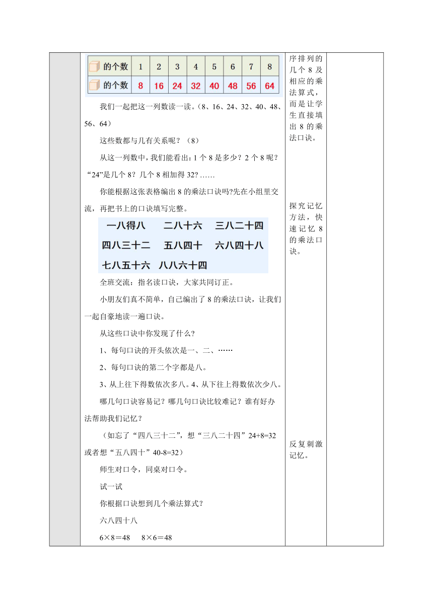 6.3 8的乘法口诀 表格式教案二年级数学上册-苏教版