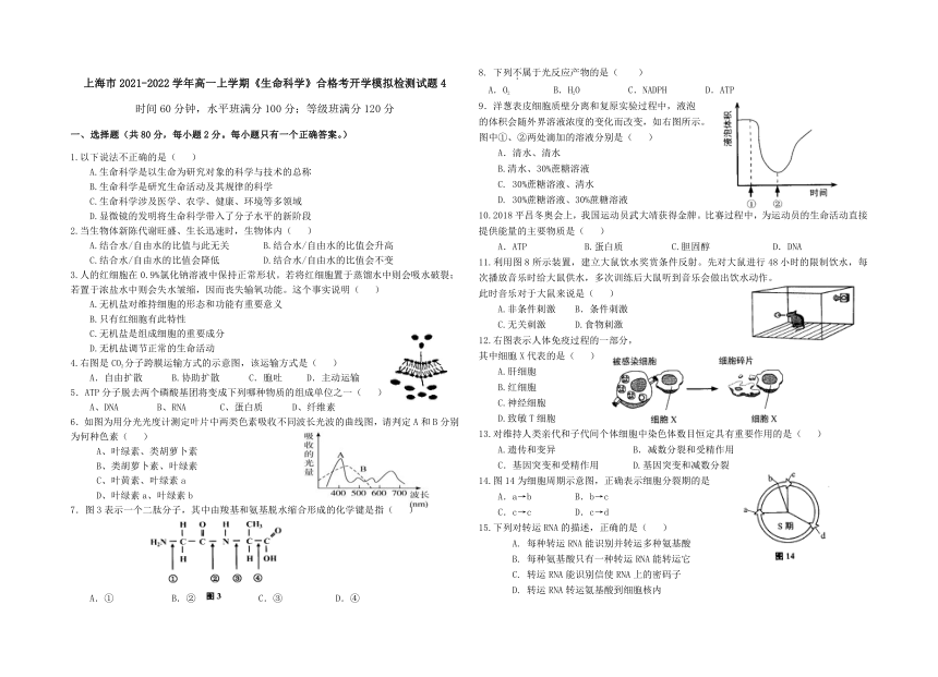 上海市2021-2022学年高一上学期《生命科学》合格考开学模拟检测试题4 Word版含答案