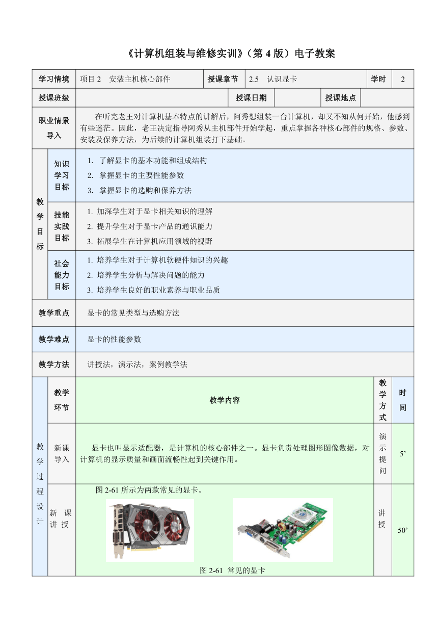 2.5  认识显卡 教案（表格式）《计算机组装与维修实训》同步教学（电子工业版）