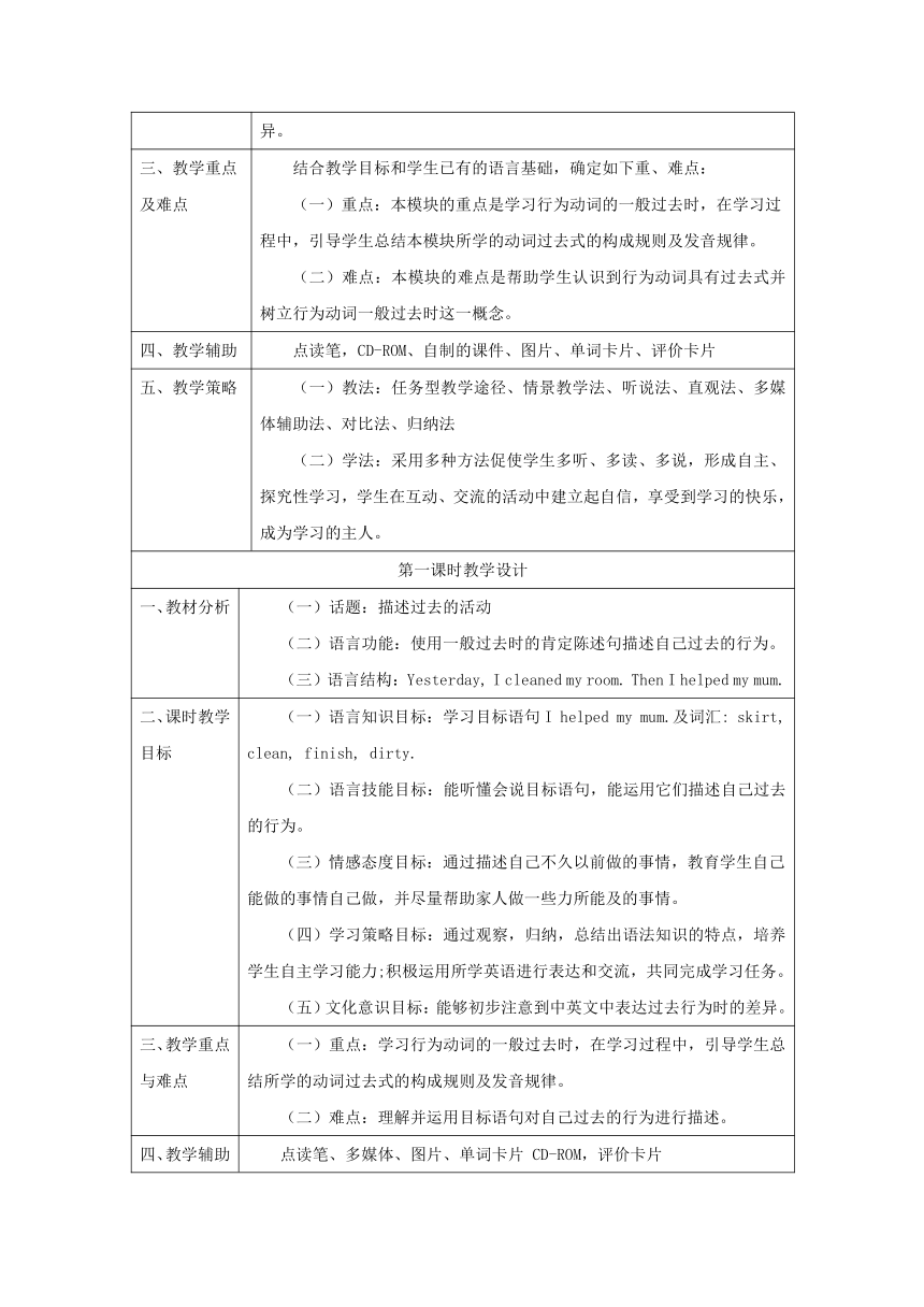 外研版英语（一年级起点）四年级上册 Module 2 模块表格式教案