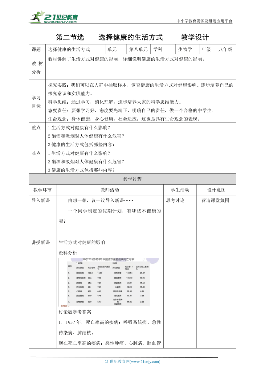 8.3.2  选择健康的生活方式 教学设计