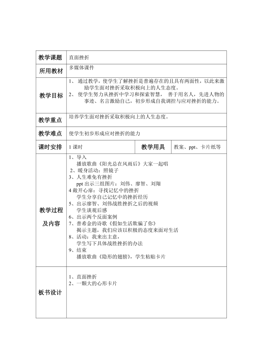 北师大版 六年级下册心理健康 第三十五课 在生活中成长 直面挫折｜教案