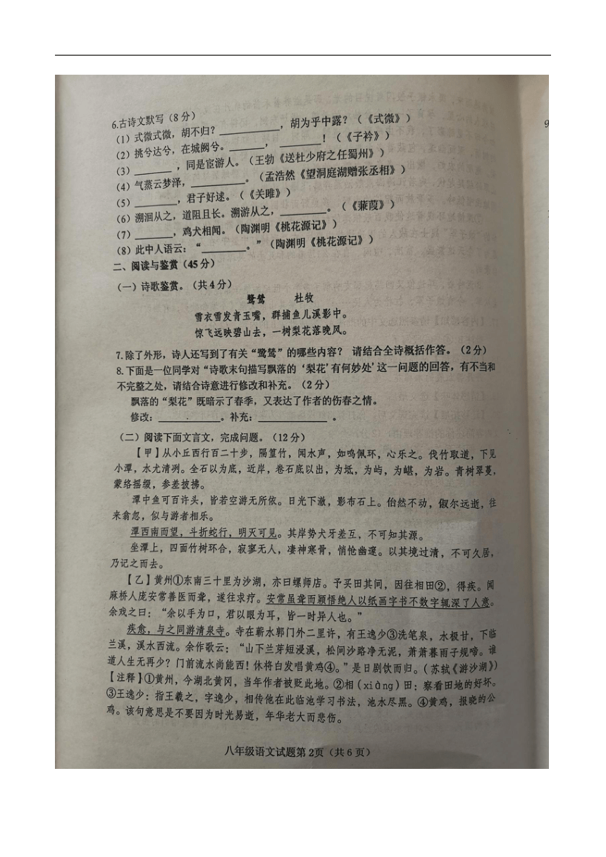 湖北省十堰市郧西县2023-2024学年八年级下学期4月期中语文试题（图片版无答案）