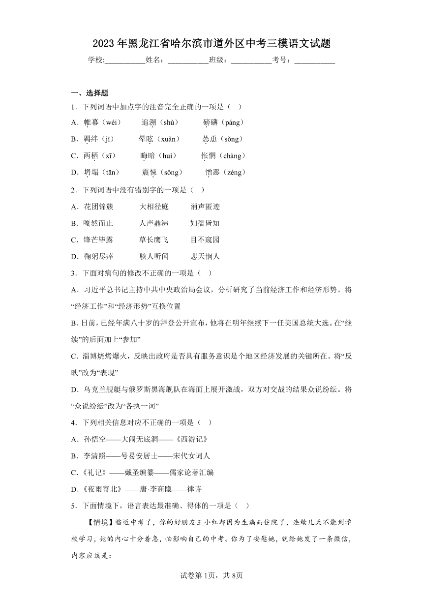 2023年黑龙江省哈尔滨市道外区中考三模语文试题（含解析）