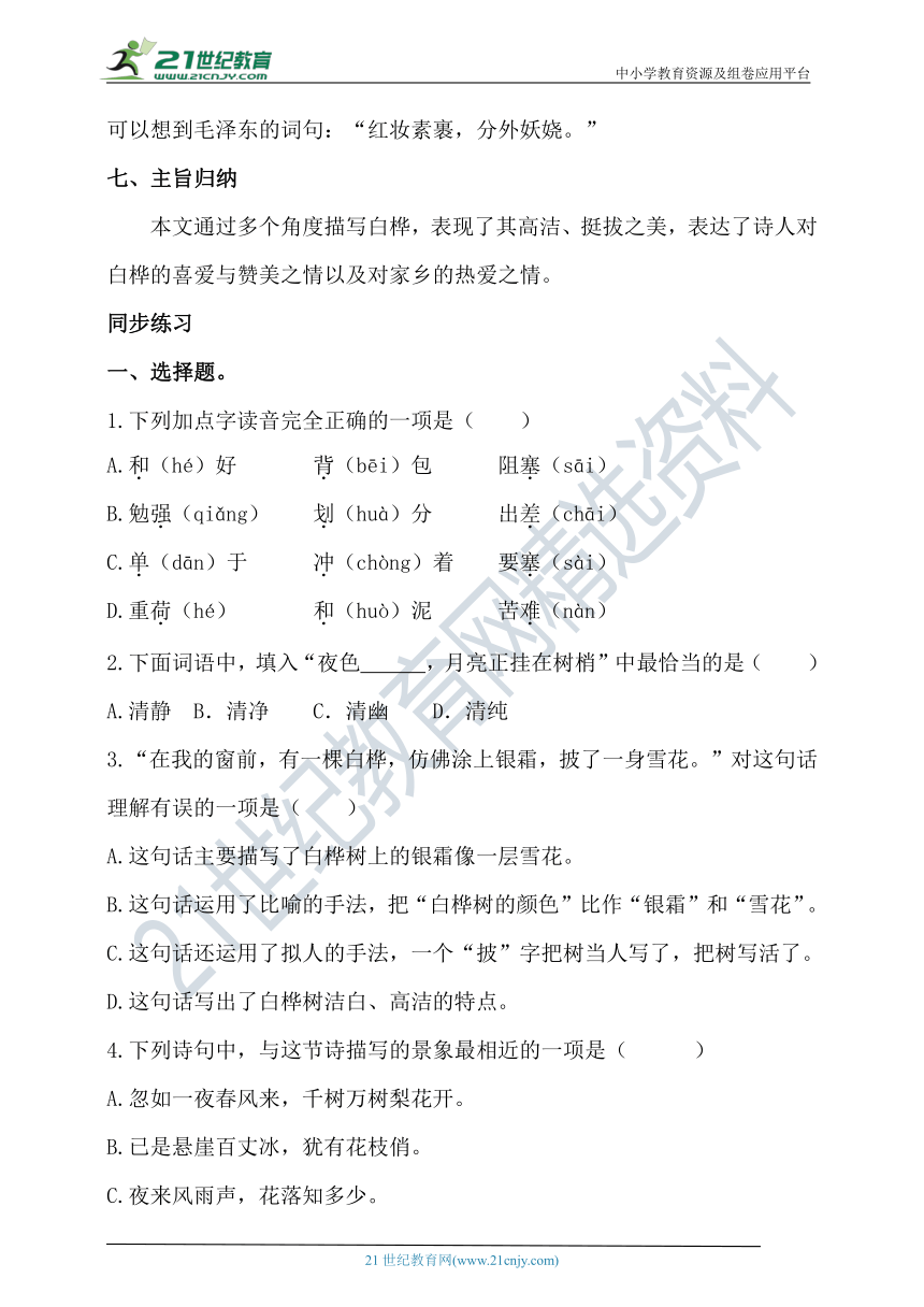 第11课《白桦》知识点+同步练习 含答案