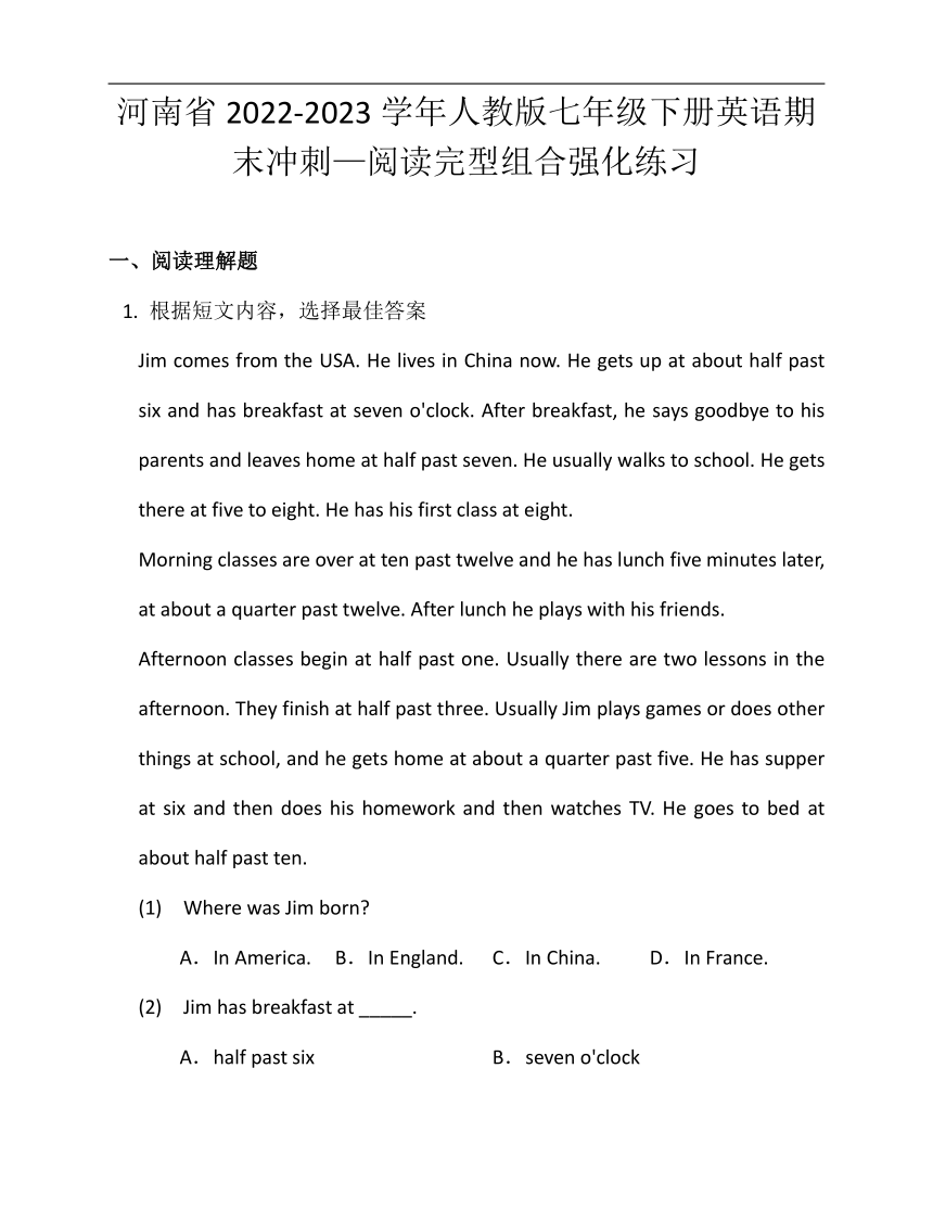 河南省2022-2023学年人教版七年级下册英语期末冲刺—阅读完型组合强化练习9（含答案）