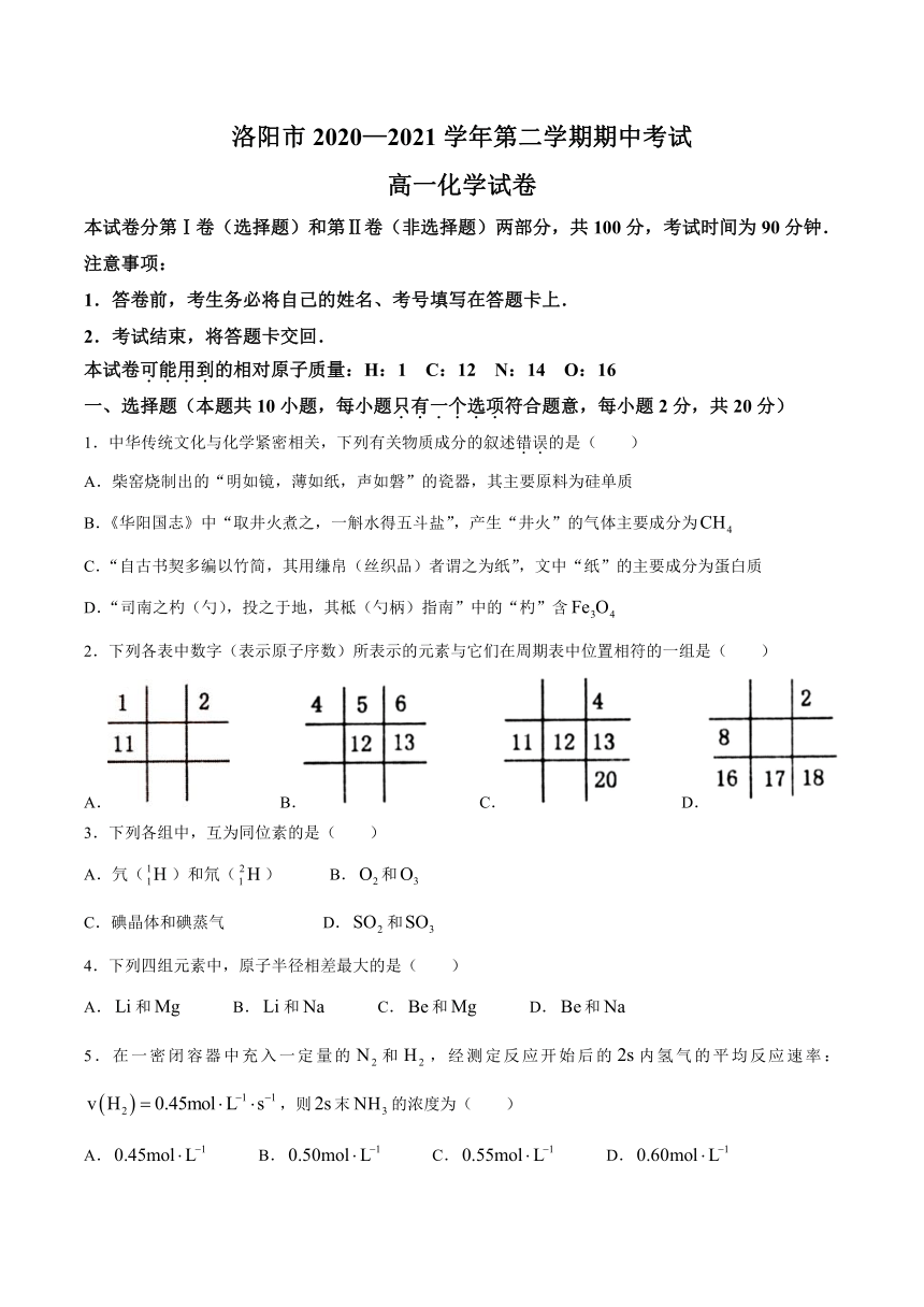 河南省洛阳市2020-2021学年高一下学期期中考试化学试题 Word版含答案