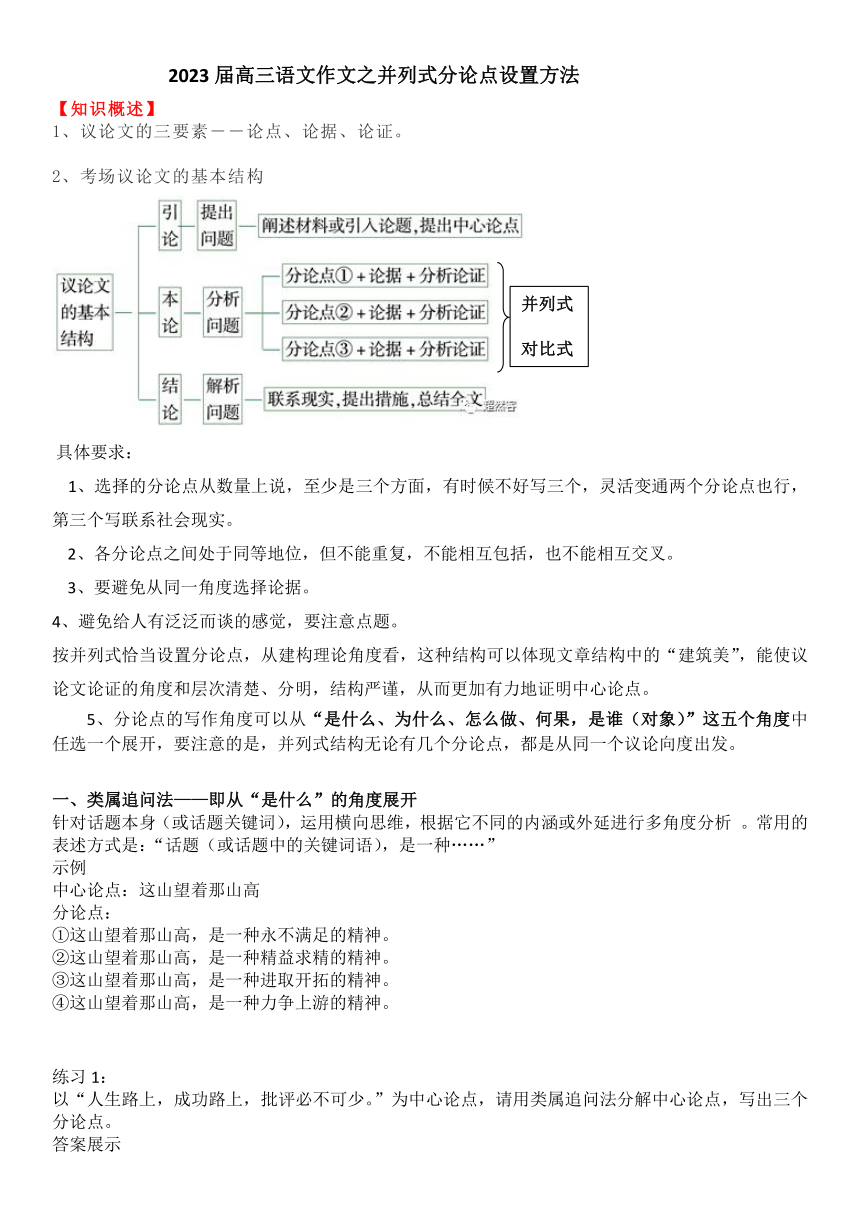 2023届高三复习作文之并列式分论点设置方法