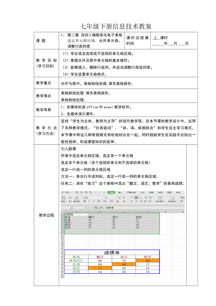 第二章 活动2 编辑美化电子表格 教案