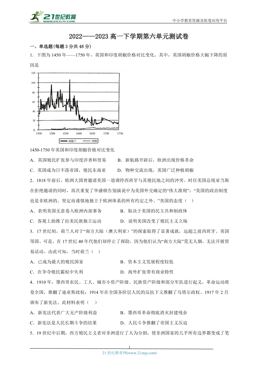 纲要（下）第六单元 世界殖民体系与亚非拉民族独立运动检测卷（含答案）