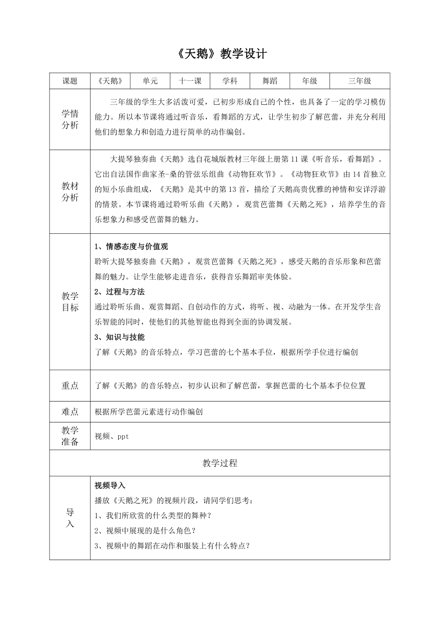 花城版 音乐小学三年级上册《天鹅》教学设计（表格式）