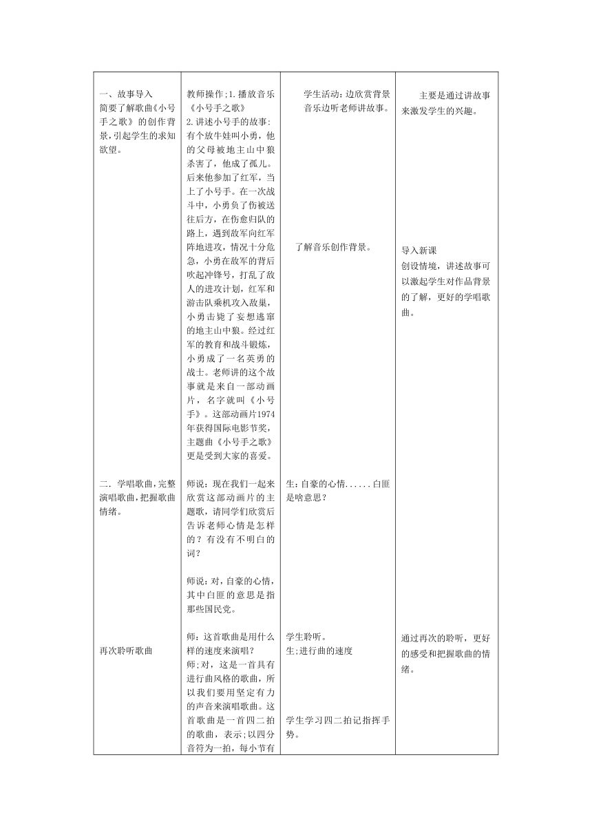 三年级上册音乐教案第三单元 唱歌 小号手之歌人教版（表格式）