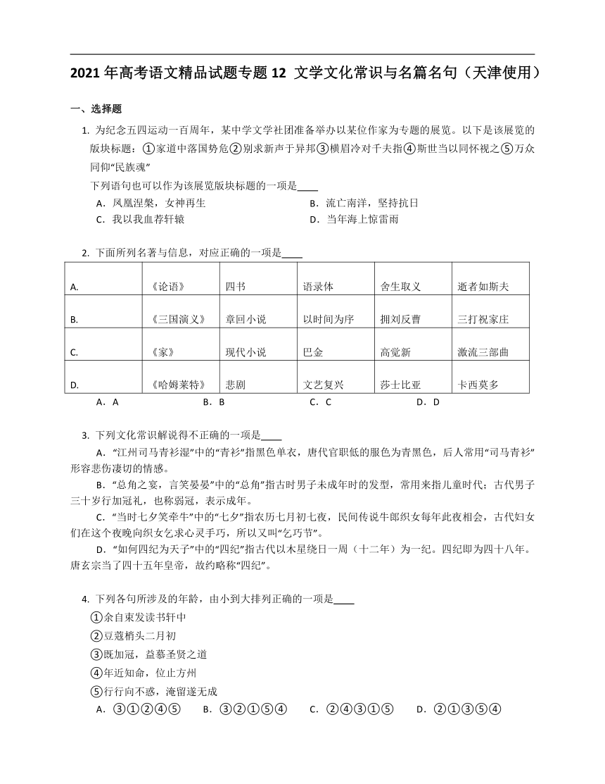 2021年高考语文精品试题专题12 文学文化常识与名篇名句（天津使用）