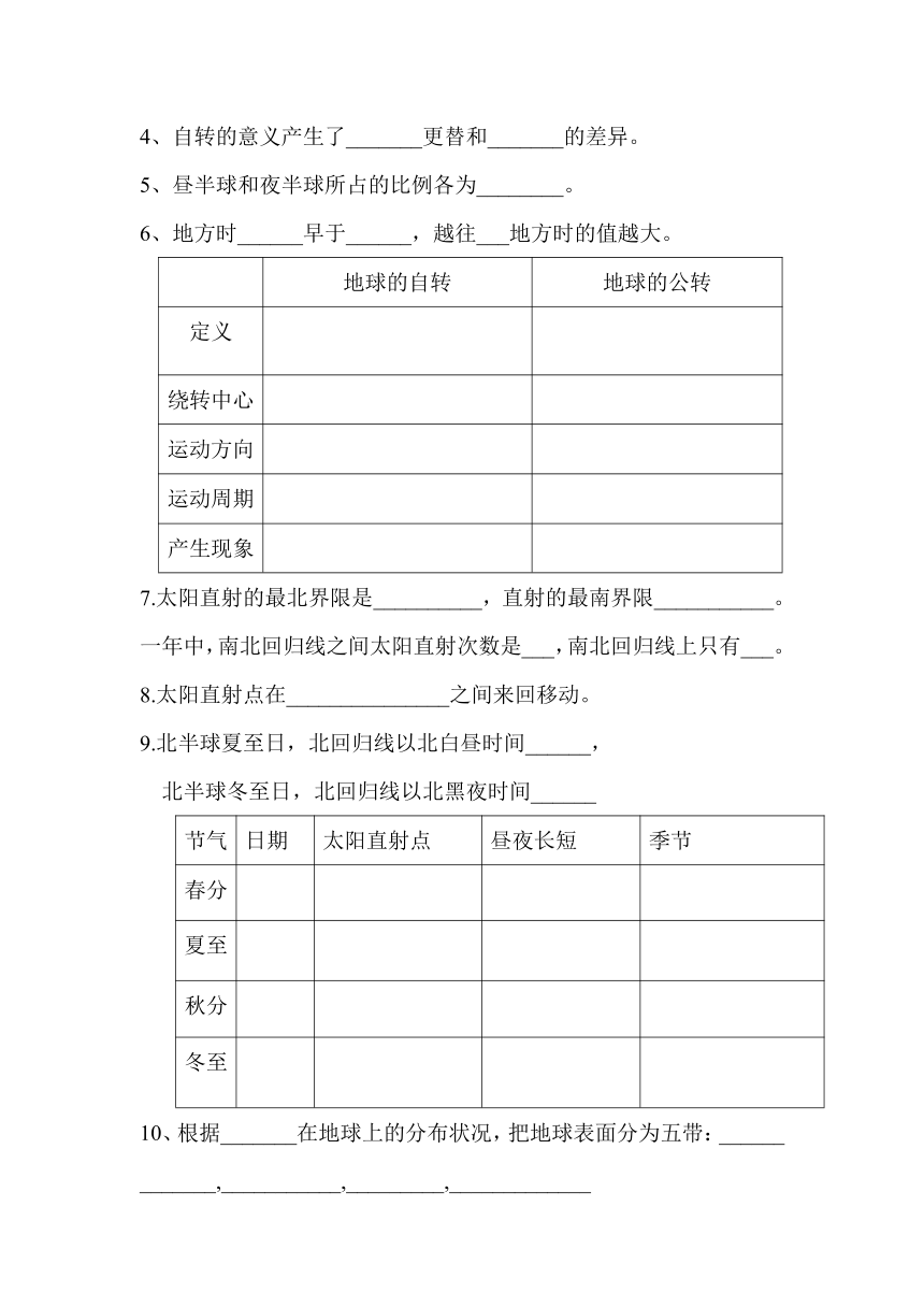 人教版七年级地理上册知识点复习练习（Word版无答案）