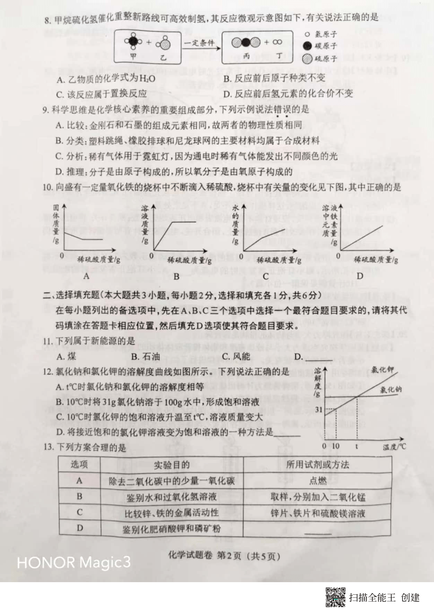 2023年江西省中考化学真题（PDF  无答案）